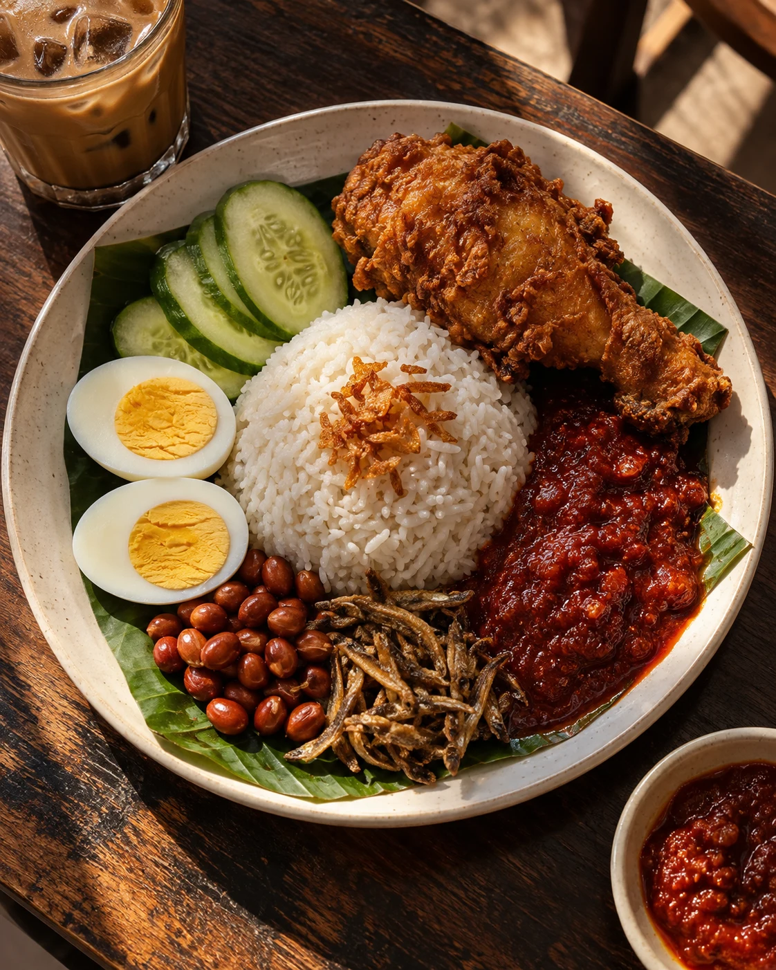Malaysian nasi lemak with sambal, crispy chicken and iced kopi on a sunlit table